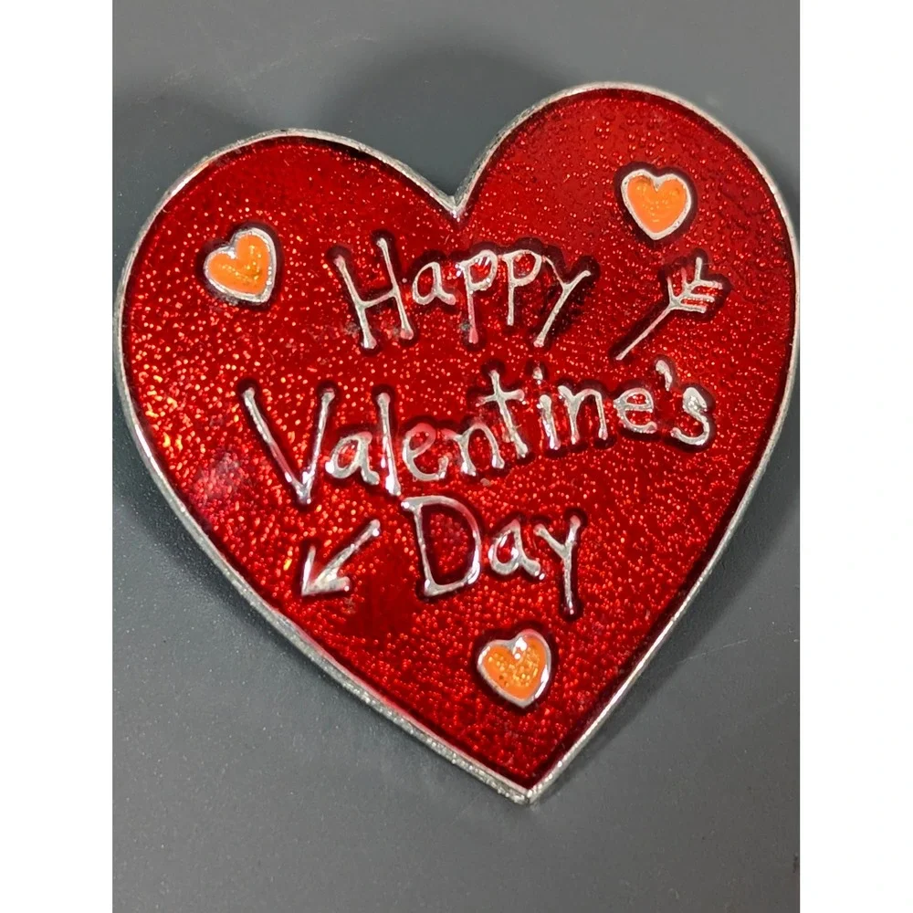 Retro Red‎ Enamel Happy Valentines Day Heart Pin Silver Tone Love